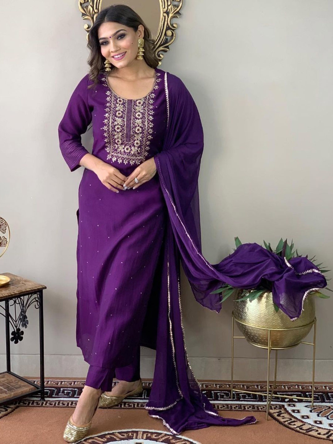 

KALINI Floral Embroidered Thread Work Straight Kurta With Trousers & Dupatta, Violet