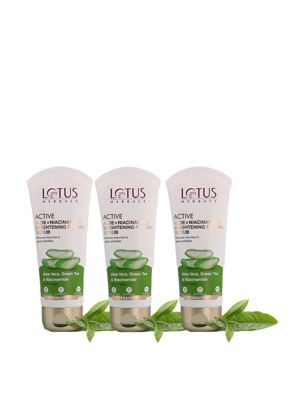 

Lotus Herbals Set Of 3 Active Aloe + Niacinamide Brightening Revival Scrub- 100g Each, White