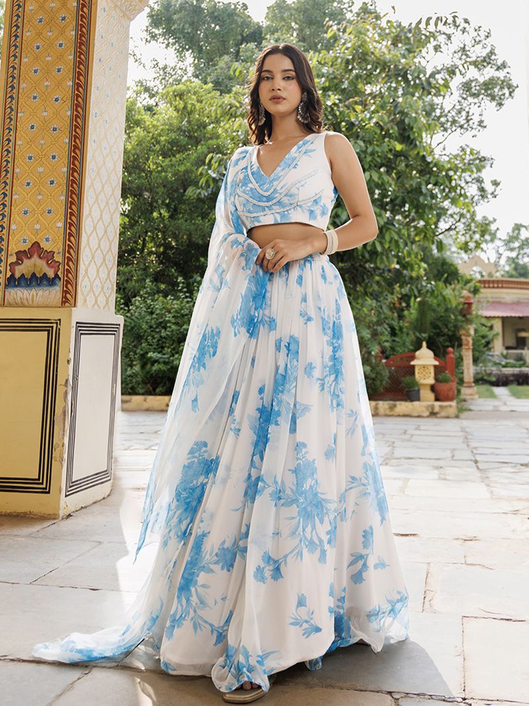 

Ragavi Floral Printed Ready to Wear Lehenga & Blouse With Dupatta, Blue