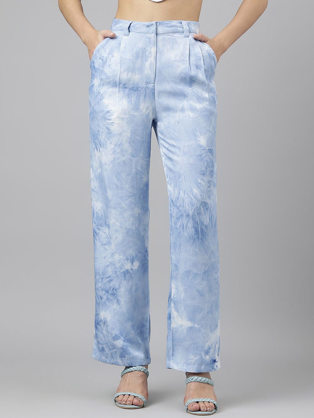 

Latin Quarters Women Textured Printed High-Rise Pleated Trousers, Blue