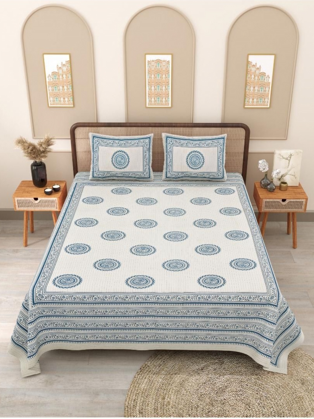 

Block Print Story White & Blue Geometric 210 TC Queen Bedsheet with 2 Pillow Covers