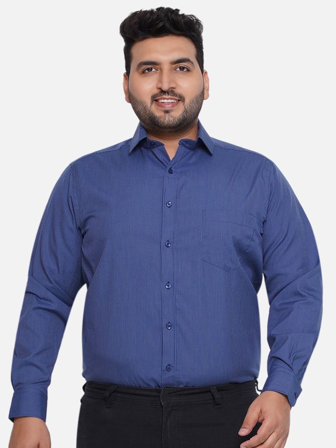

Santonio Men Classic Spread Collar Striped Cotton Plus Size Formal Shirt, Blue