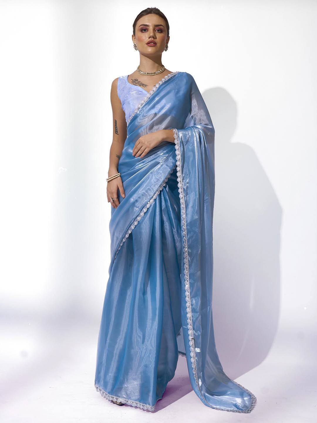 

Kalista Embroidered Organza Saree, Turquoise blue