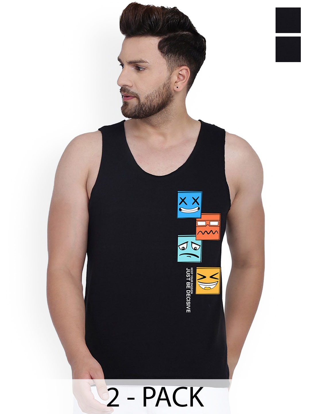 

SLOWLORIS Pack Of 2 Men Printed Innerwear Gym Vests, Black