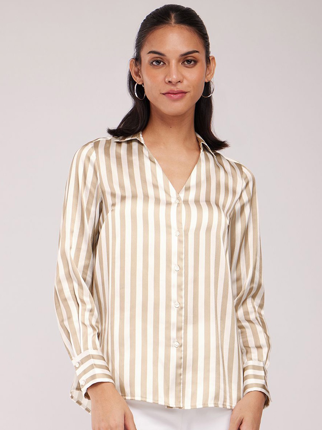 

FableStreet Women Striped Opaque Casual Shirt, Beige