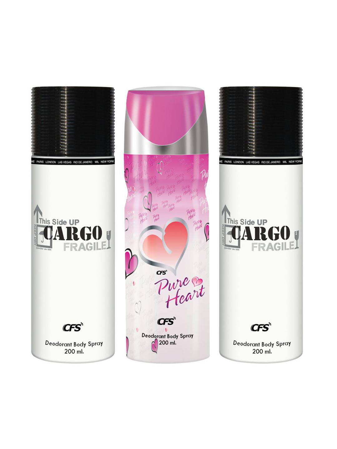 

CFS Set of 2 Cargo White & 1 Pure Hear Pink Deodorant Body Sprays - 200ml Each