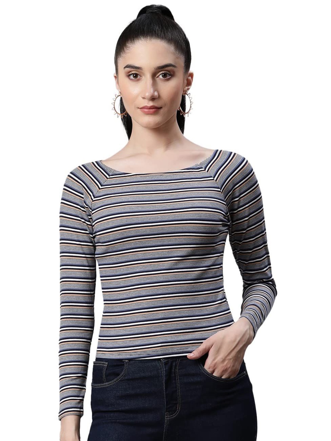 

Global Republic Women Striped Round Neck Top, Blue