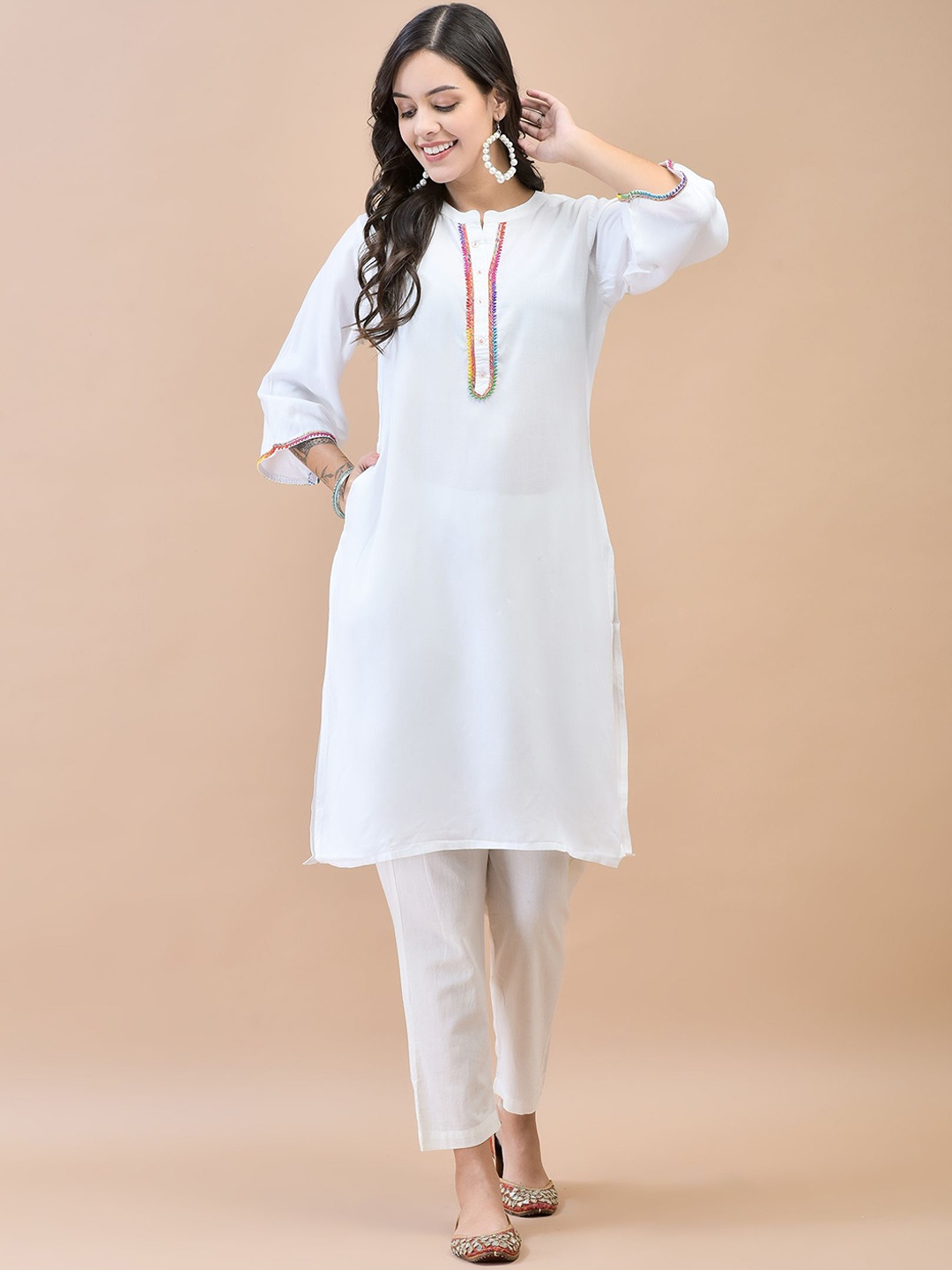 

Shree Women Flared Sleeves Thread Work Liva Kurta, White