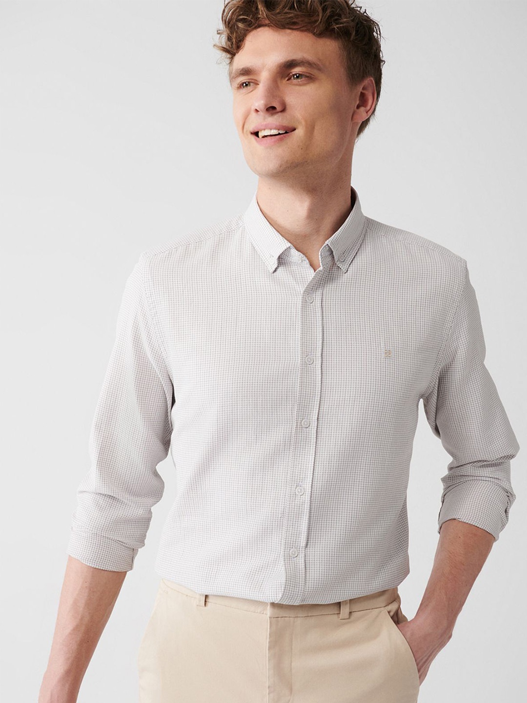 

AVVA Men Button-Down Collar Micro Checked Cotton Casual Shirt, Grey