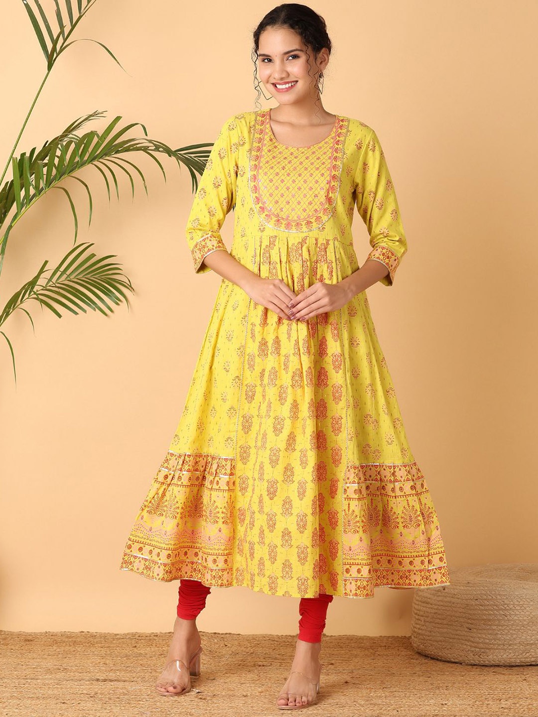 

V-Mart Ethnic Motifs Printed Thread Work Anarkali Kurta, Yellow