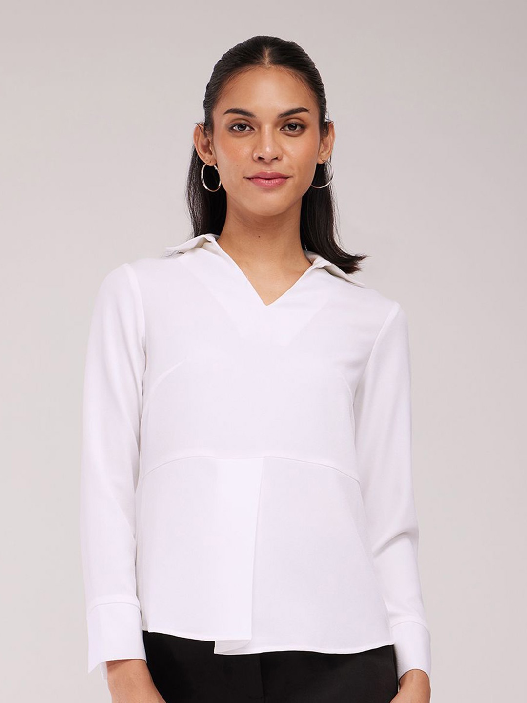 

FableStreet Solid Shirt Collar Top, White