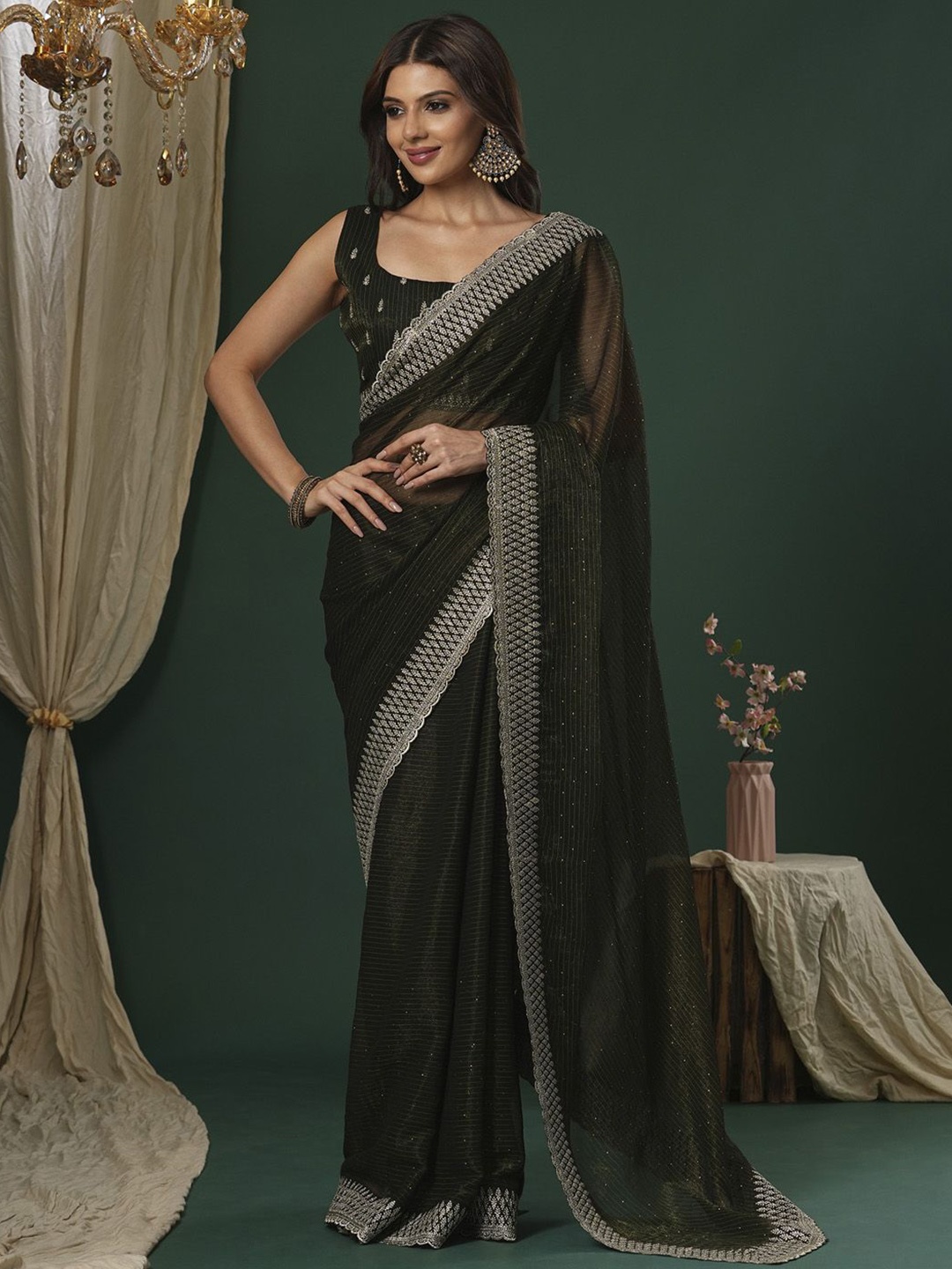 

Saree mall Embellished Beads and Stones Saree, Olive