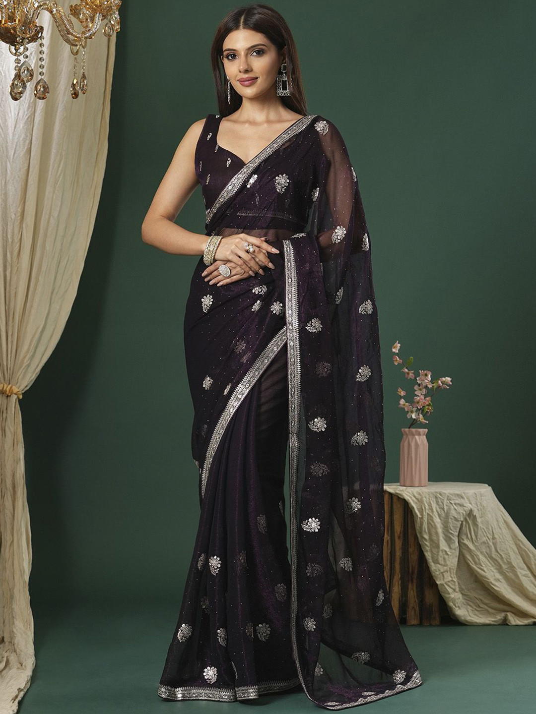 

Saree mall Embellished Beads and Stones Designer Sarees, Purple