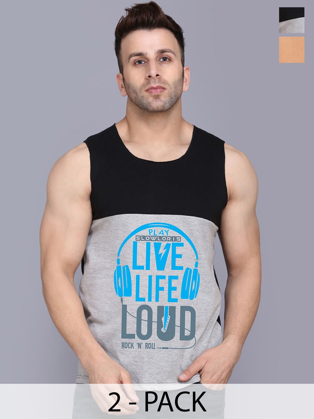 

SLOWLORIS Pack Of 2 Men Printed Gym Vests, Grey