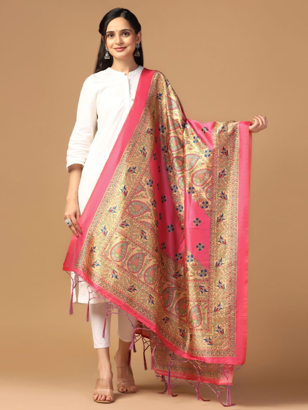 

Kaizen TEXO FAB Ethnic Motifs Printed Assam Silk Dupatta, Pink