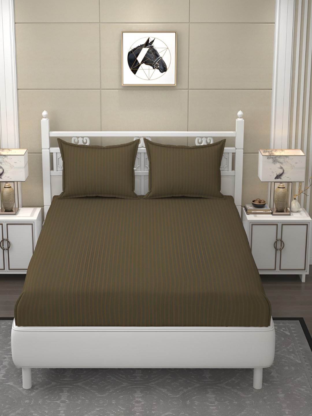 

B' Decorlish Green Striped 210 TC Satin King Bedsheet With 2 Pillow Covers