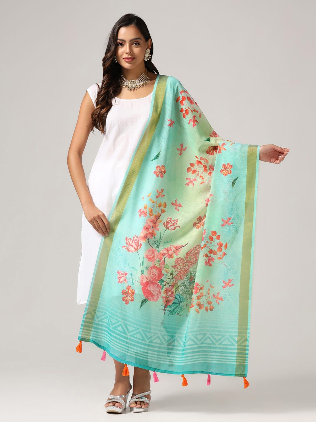 

Kaizen TEXO FAB Floral Printed Dupatta, Sea green