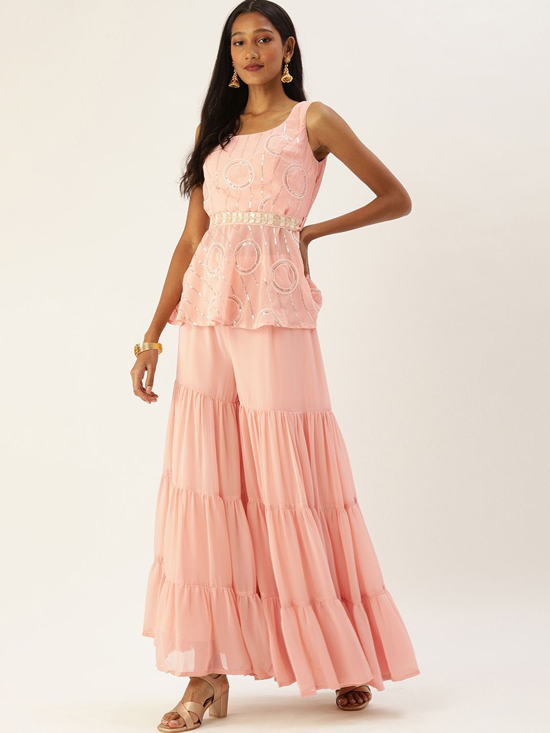 

Ethnovog Geometric Embroidered Empire Sequinned A-Line Kurti With Sharara, Pink
