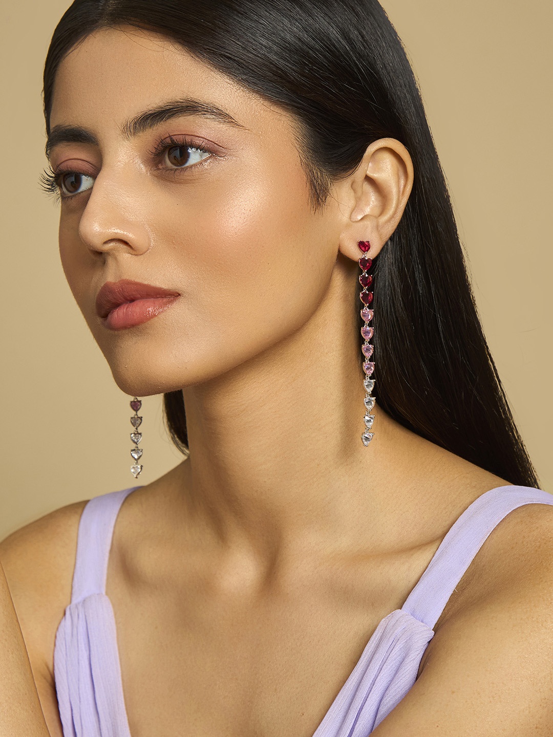 

Kushal's Fashion Jewellery Rhodium-Plated CZ Stone Studded Heart Shaped Drop Earrings, Silver