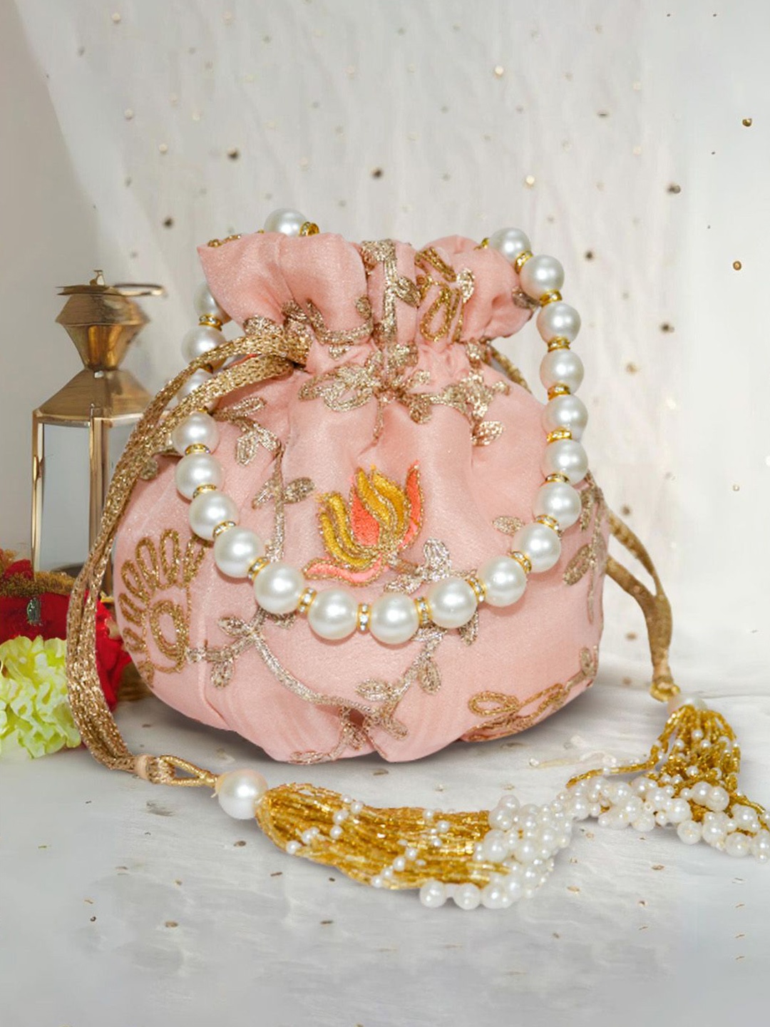

ARTFLYCK Embroidered Potli Clutch, Peach
