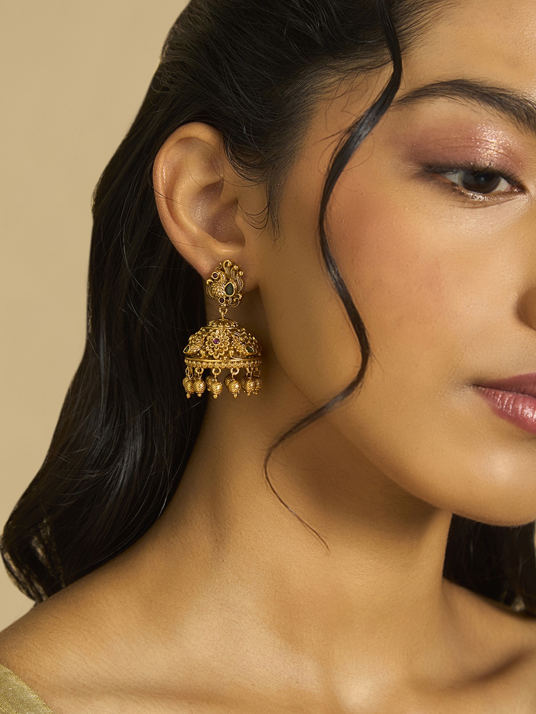 

Kushal's Fashion Jewellery Gold-Plated Stone Studded Dome Shaped Antique Jhumkas, Red