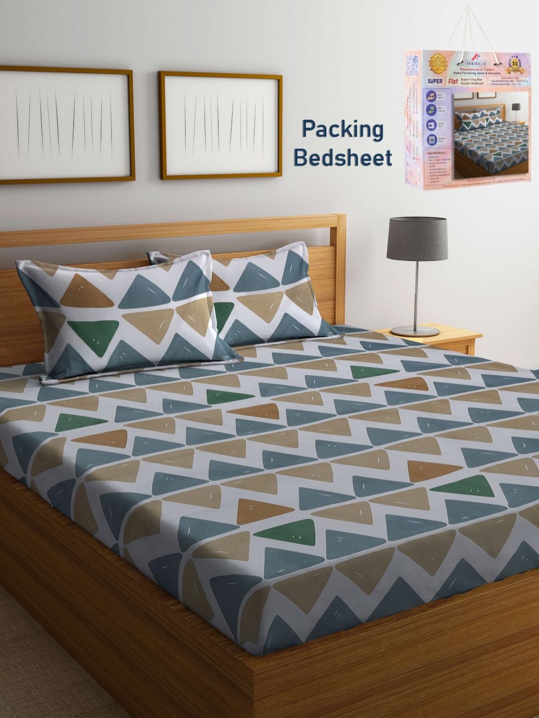 

FABINALIV White & Blue Geometric 300 TC King Bedsheet with 2 Pillow Covers