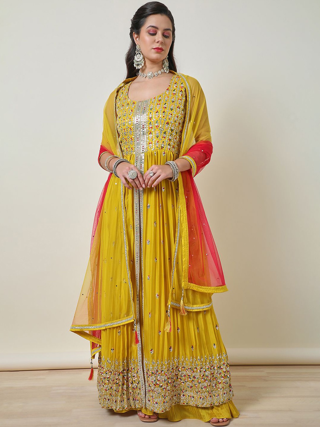 

Soch Women Ethnic Motifs Embroidered Pleated Sequinned Kurta with Palazzos & With Dupatta, Yellow