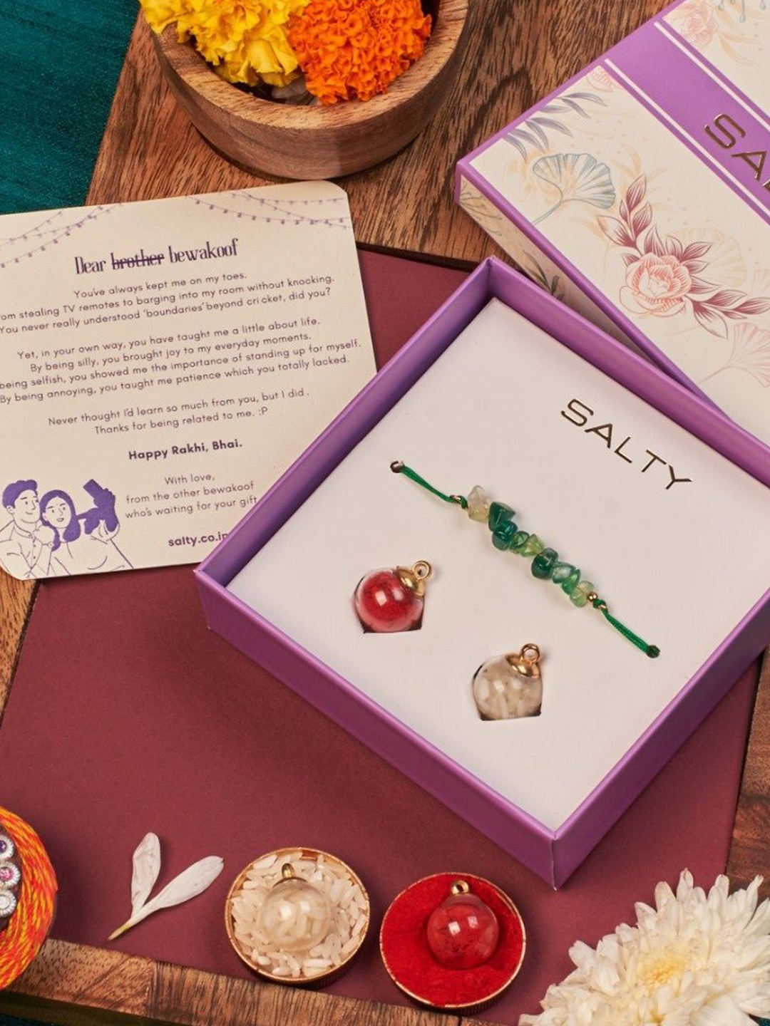 

SALTY Beaded Thread Rakhi With Roli Chawal & Greetings Card, Green