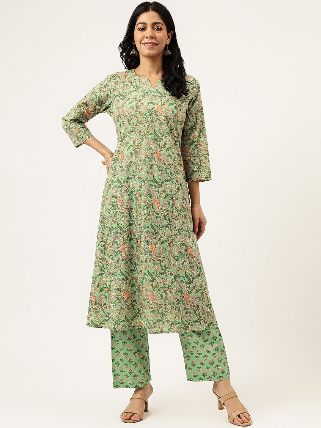 

SPARSA Women Ethnic Motifs Printed Regular Pure Cotton Kurta with Palazzos, Green