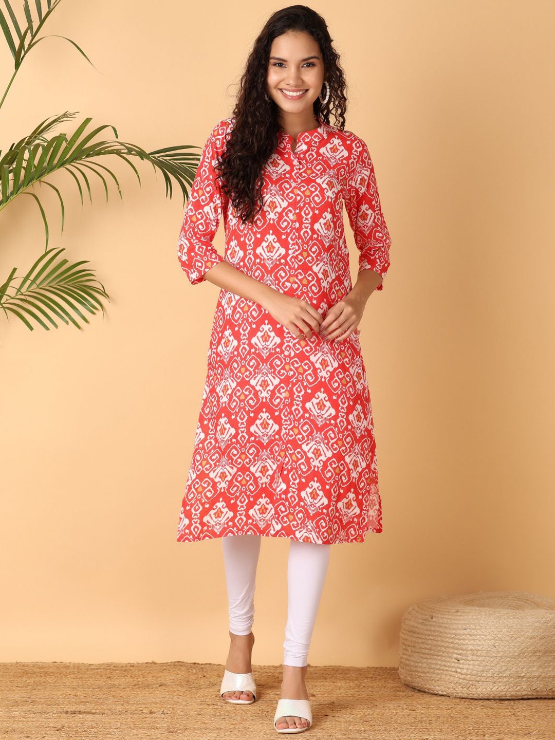 

UNLIMITED Ethnic Motifs Printed Mandarin Collar Straight Kurta, Red