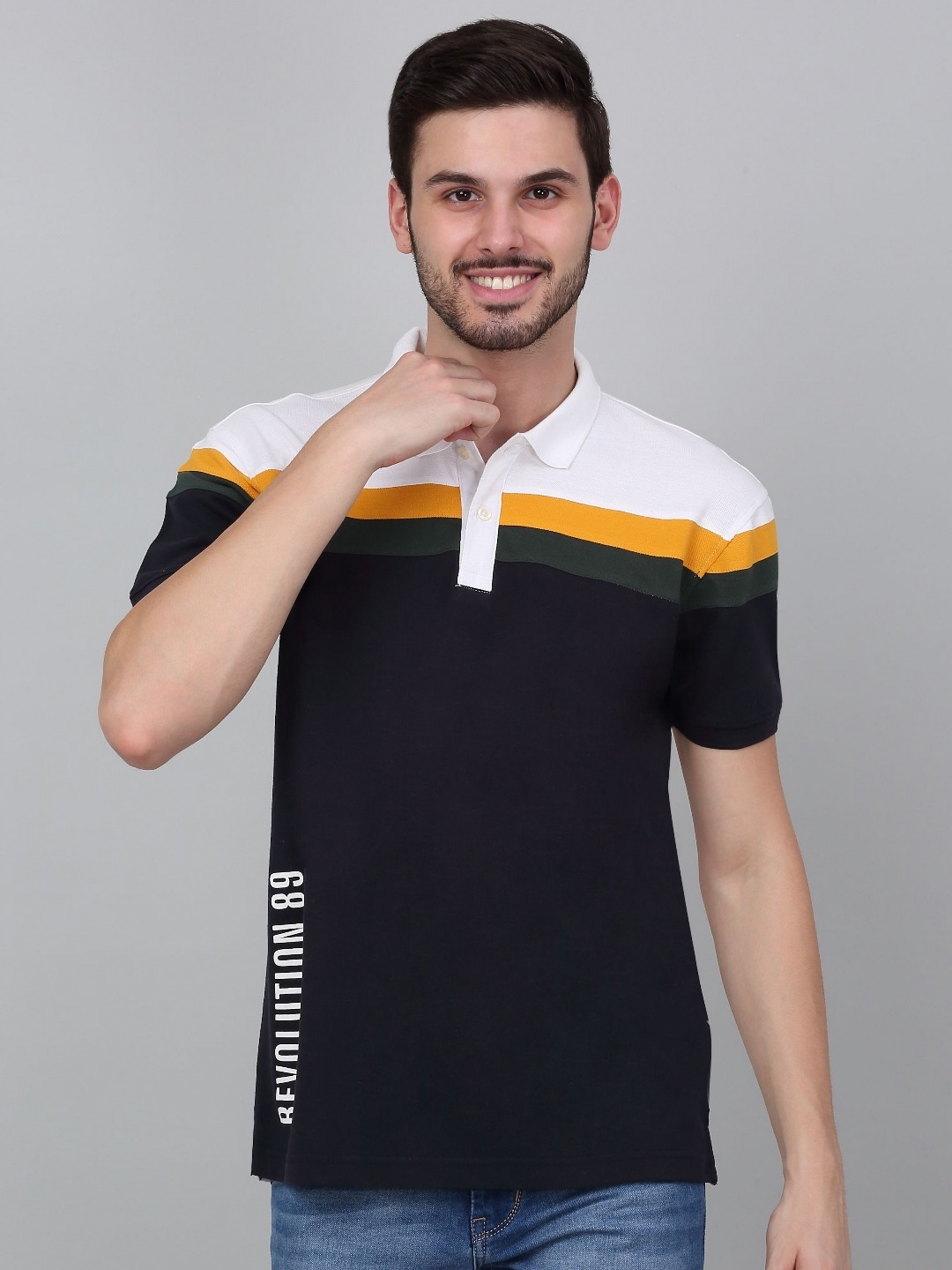 

Cantabil Men Colourblocked Polo Collar Cotton T-Shirt, Navy blue