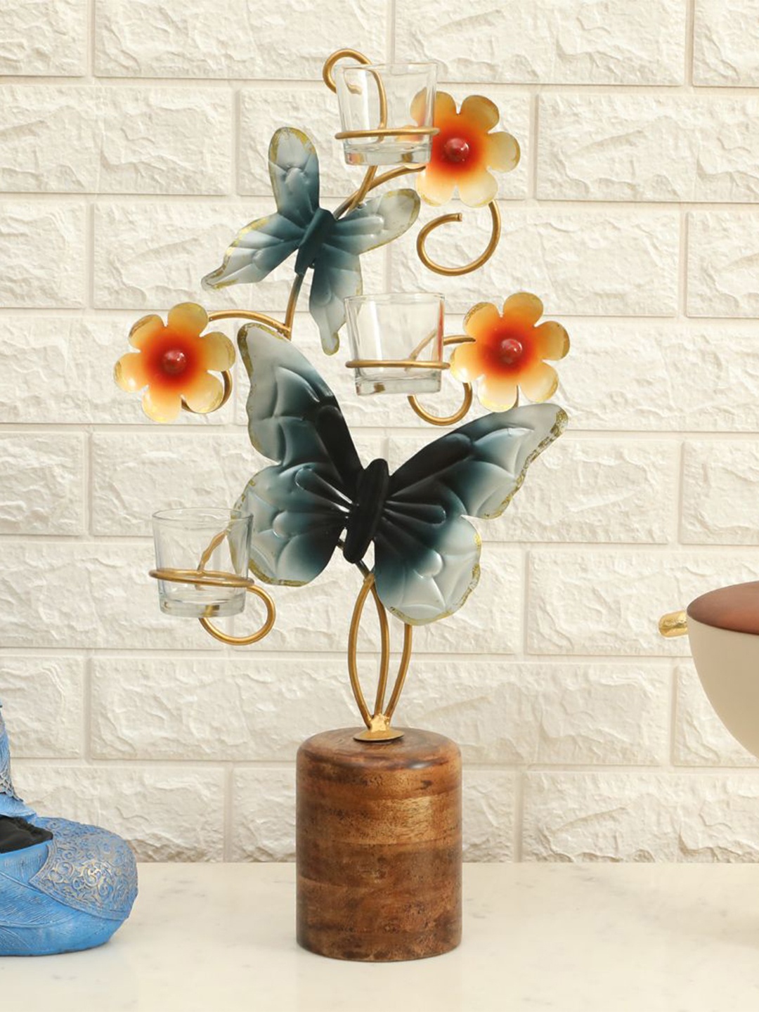 

vedas Orange & Blue F-Kyleen Butterfly T Lights Curio Showpiece