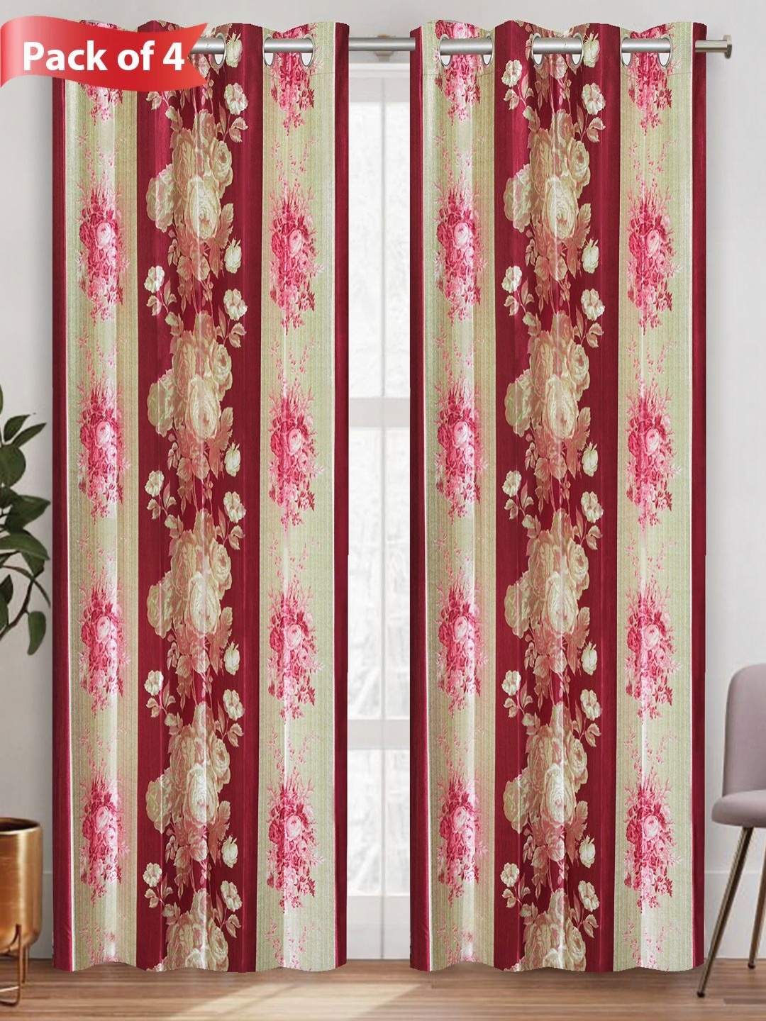 

Aura Maroon & Beige Set of 4 Floral Long Door Curtains