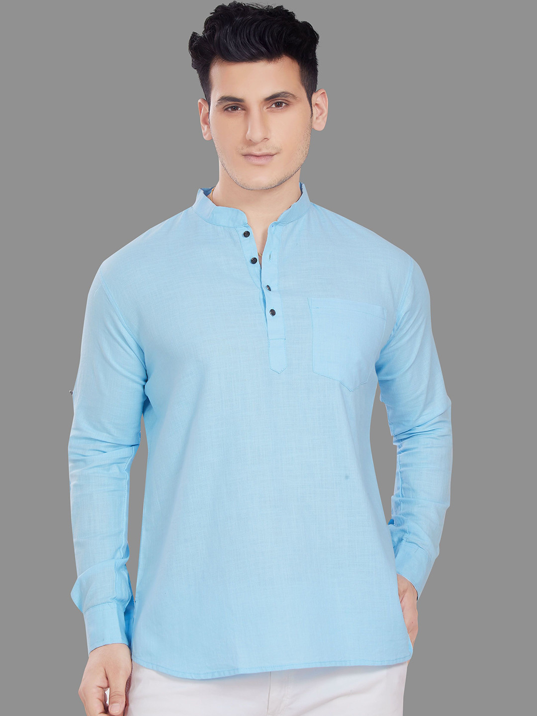 

DIVISIVE Mandarin Collar Roll-Up Sleeves Pure Cotton Straight Short Kurta, Blue