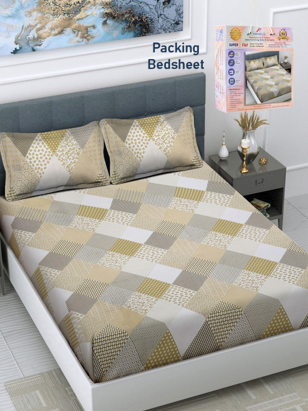 

FABINALIV Yellow & White Geometric 300 TC King Bedsheet With 2 Pillow Covers