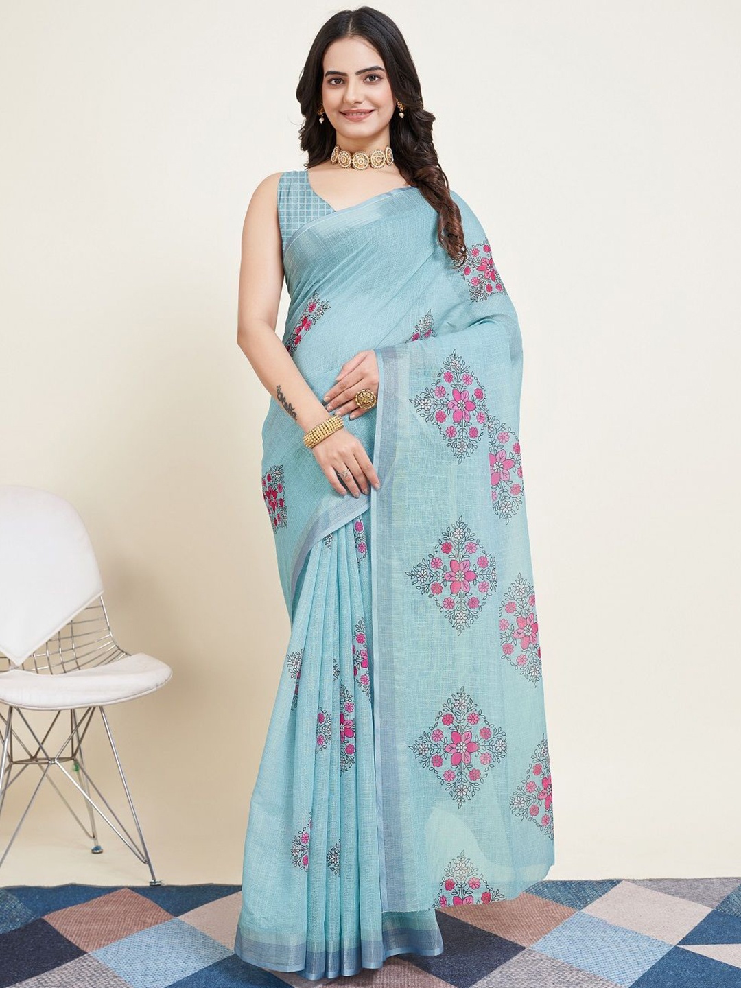 

LEOSAGI Floral Silk Cotton Saree, Blue