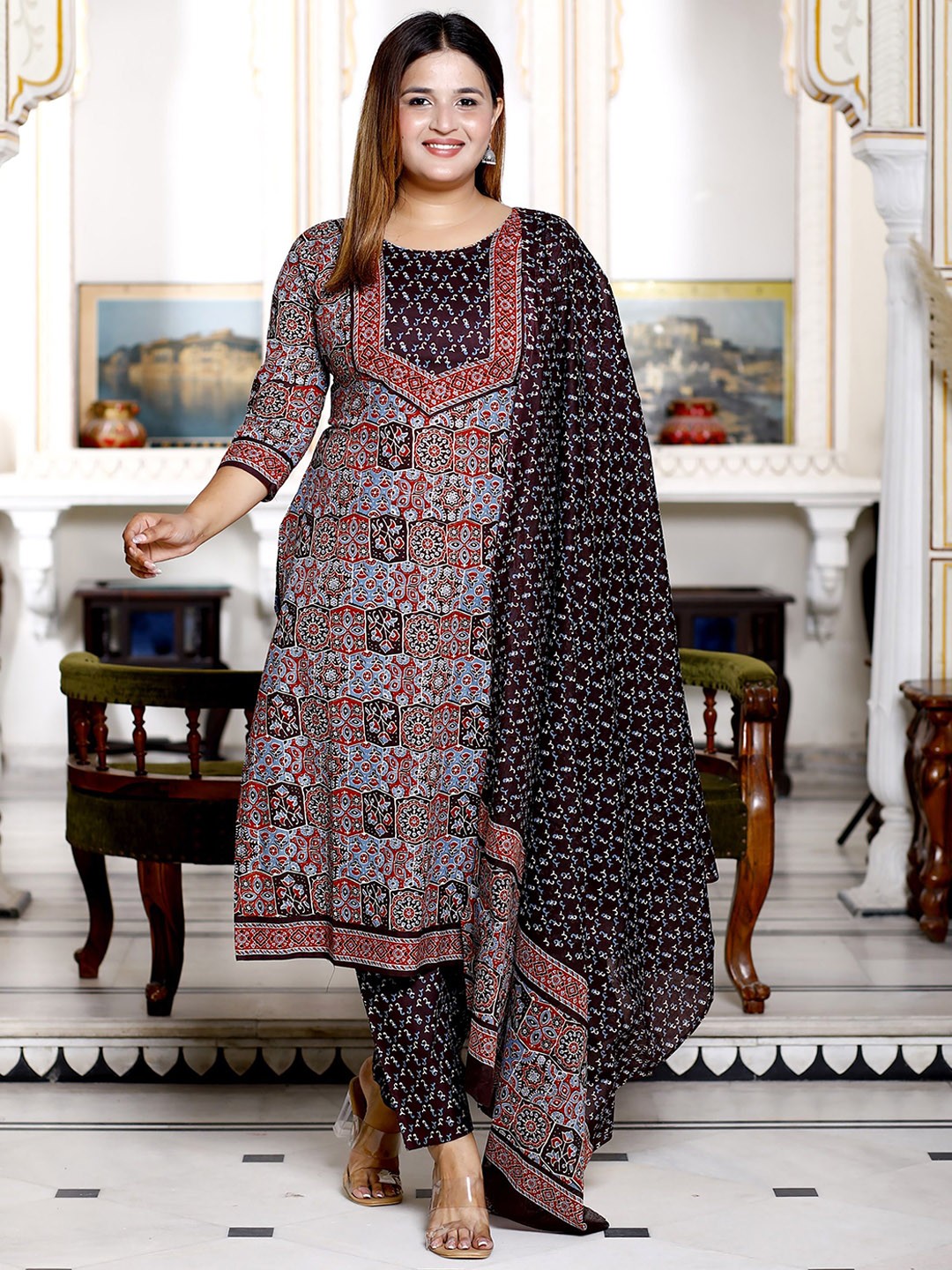 

Jevi Prints Plus Size Ethnic Motifs Printed Pure Cotton Kurta with Trousers & Dupatta, Black