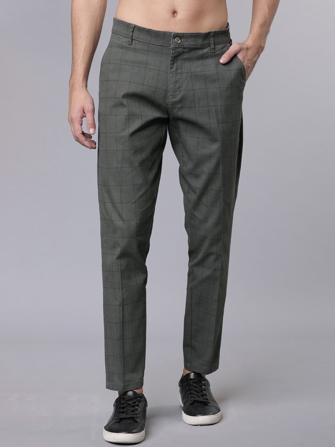

HIGHLANDER Men Checked Slim Fit Trousers, Grey