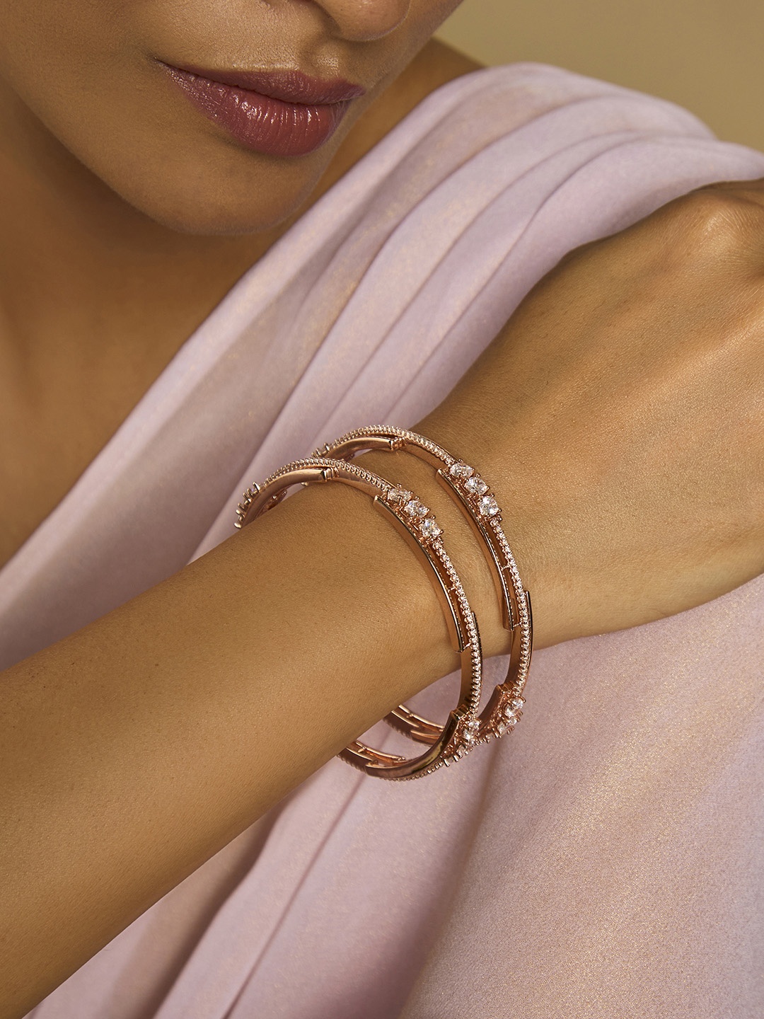 

Kushal's Fashion Jewellery Set Of 2 Rose Gold Plated Zircon Stones Studded Bangles