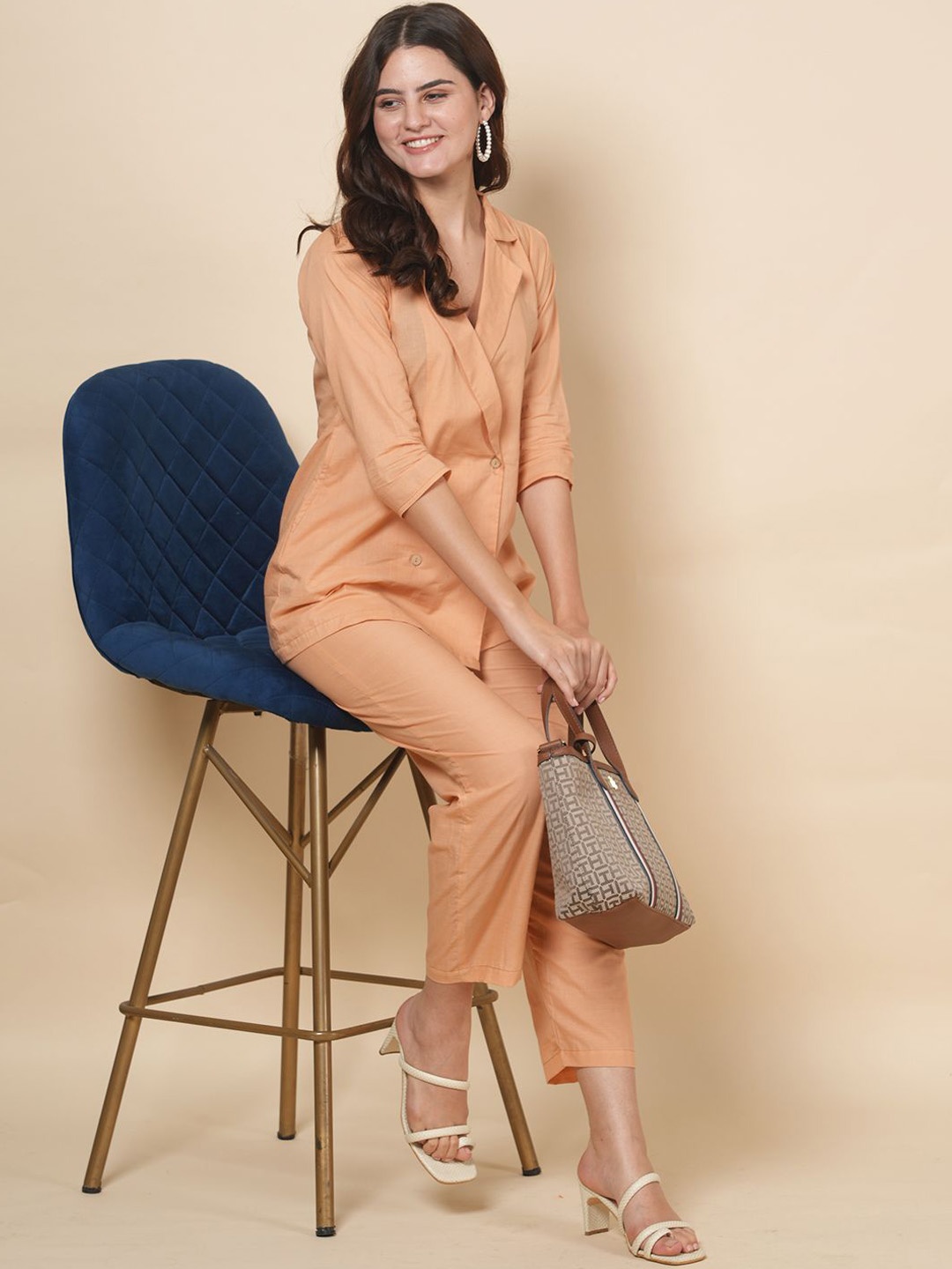 

LABEL KRISHA Pure Cotton Top With Trouser Co-Ords, Peach