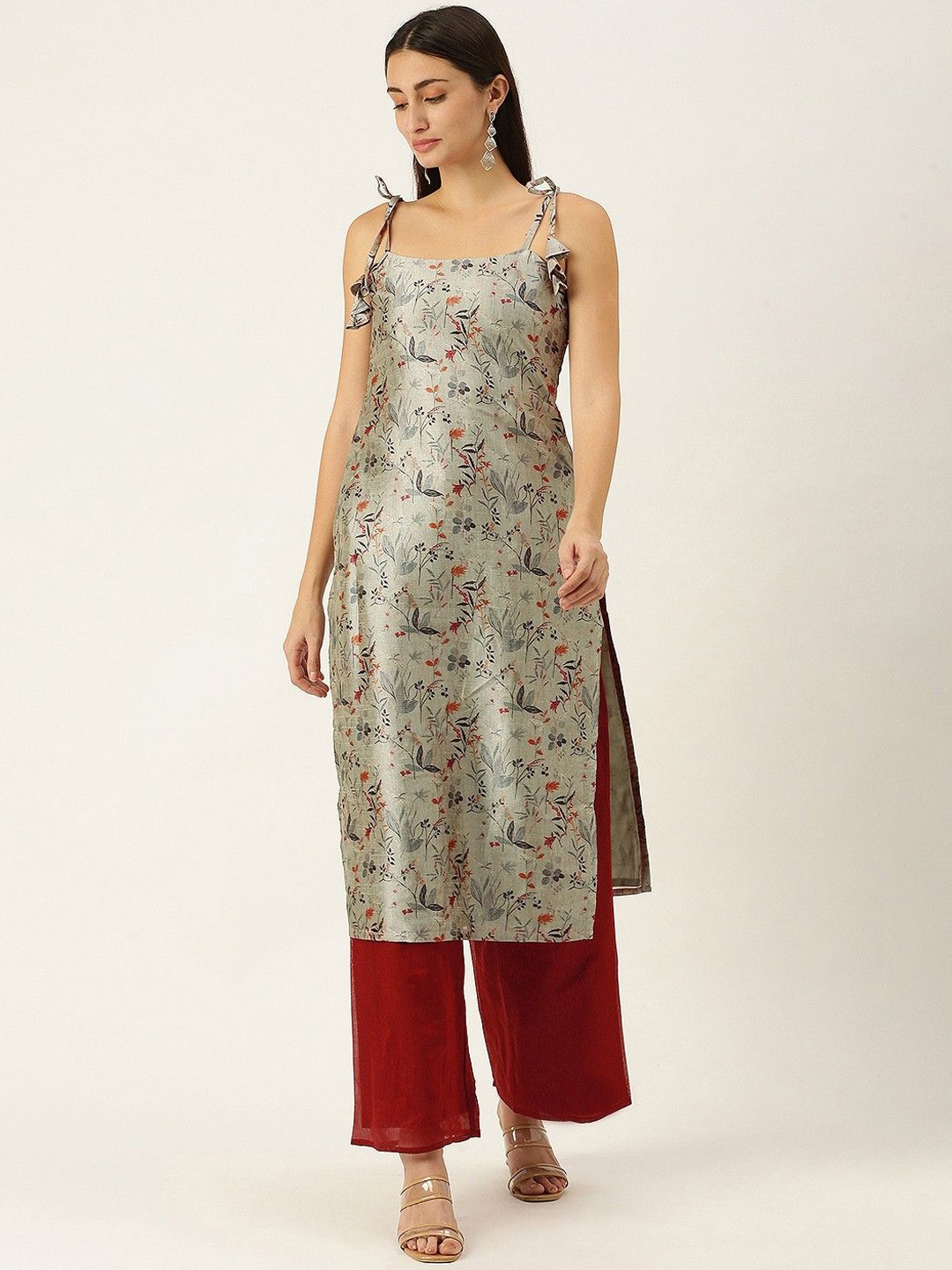 

Ethnovog Floral Printed Shoulder Straps Straight Kurta With Palazzos, Grey