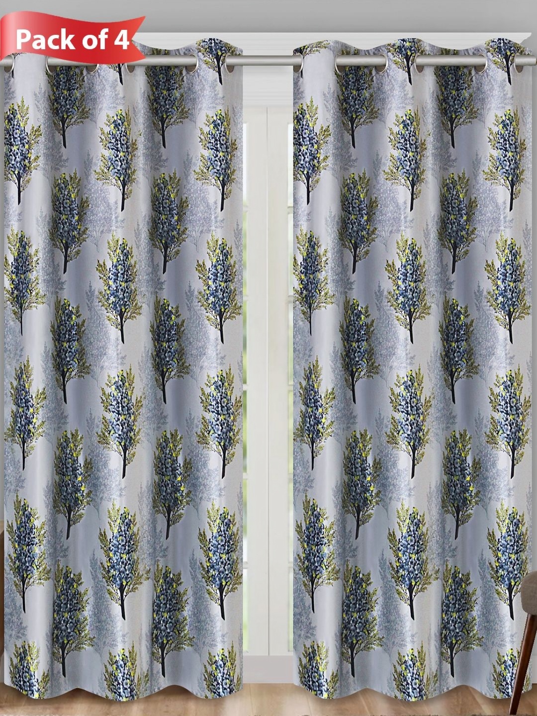 

Aura Blue & Grey Set of 4 Floral Room Darkening Door Curtains