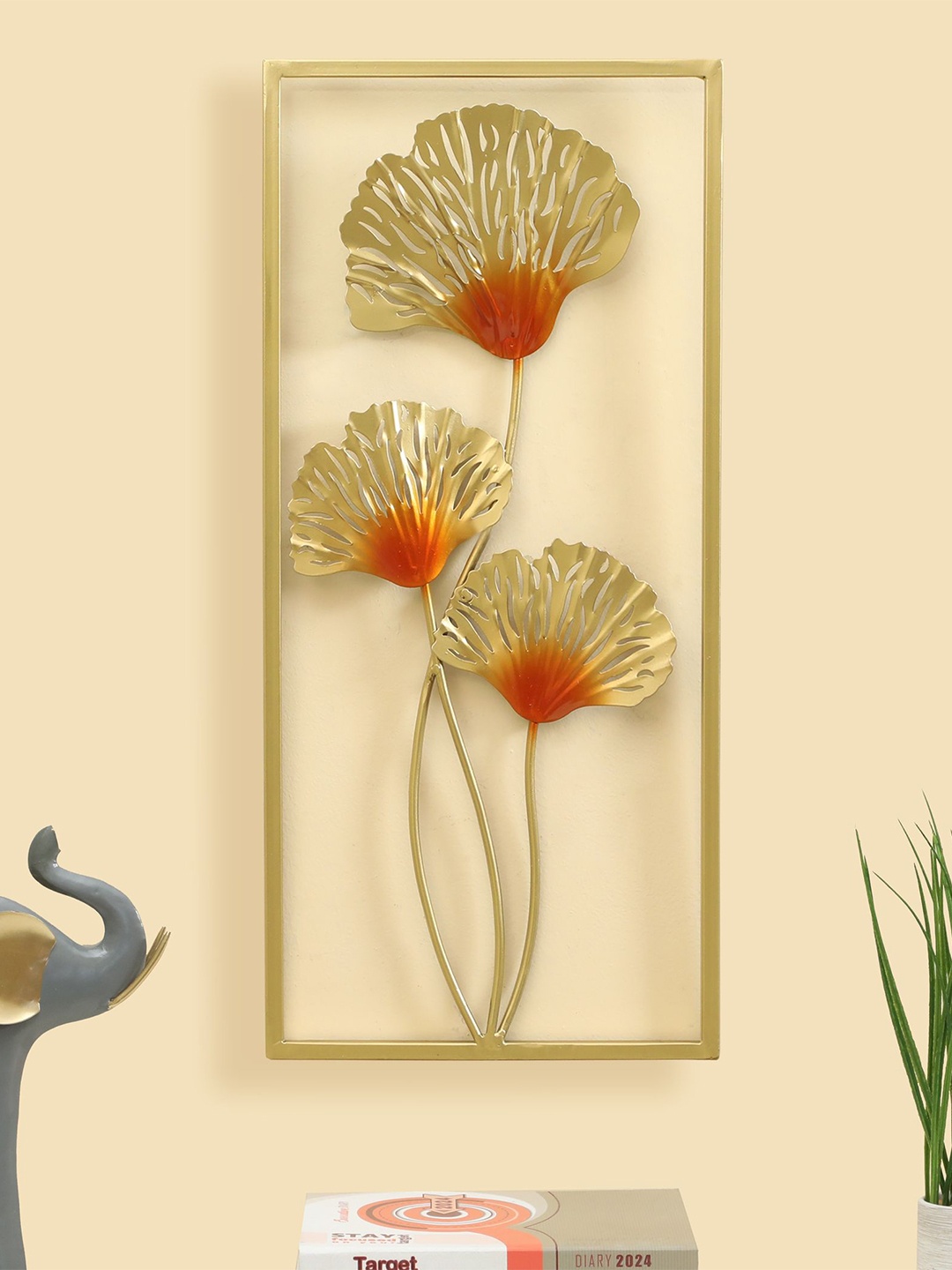 

vedas Gold Toned & Red Textured Metal Leaf Wall Hangings