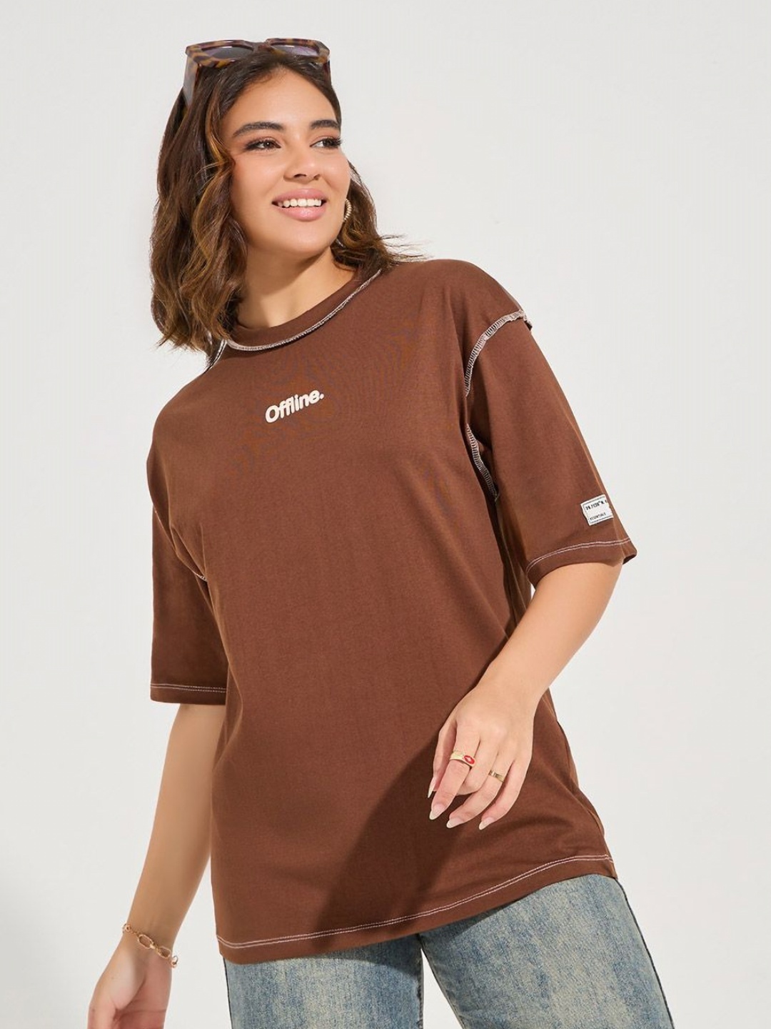 

Styli Women Solid Round Neck Cotton Oversized T-Shirt, Brown