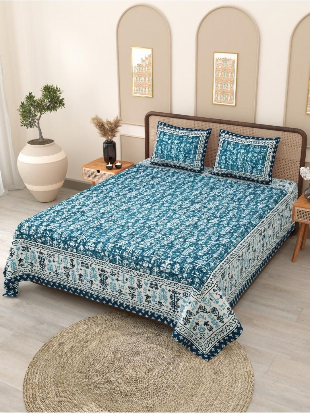 

Block Print Story Blue & White Floral 210 TC Queen Bedsheet with 2 Pillow Covers
