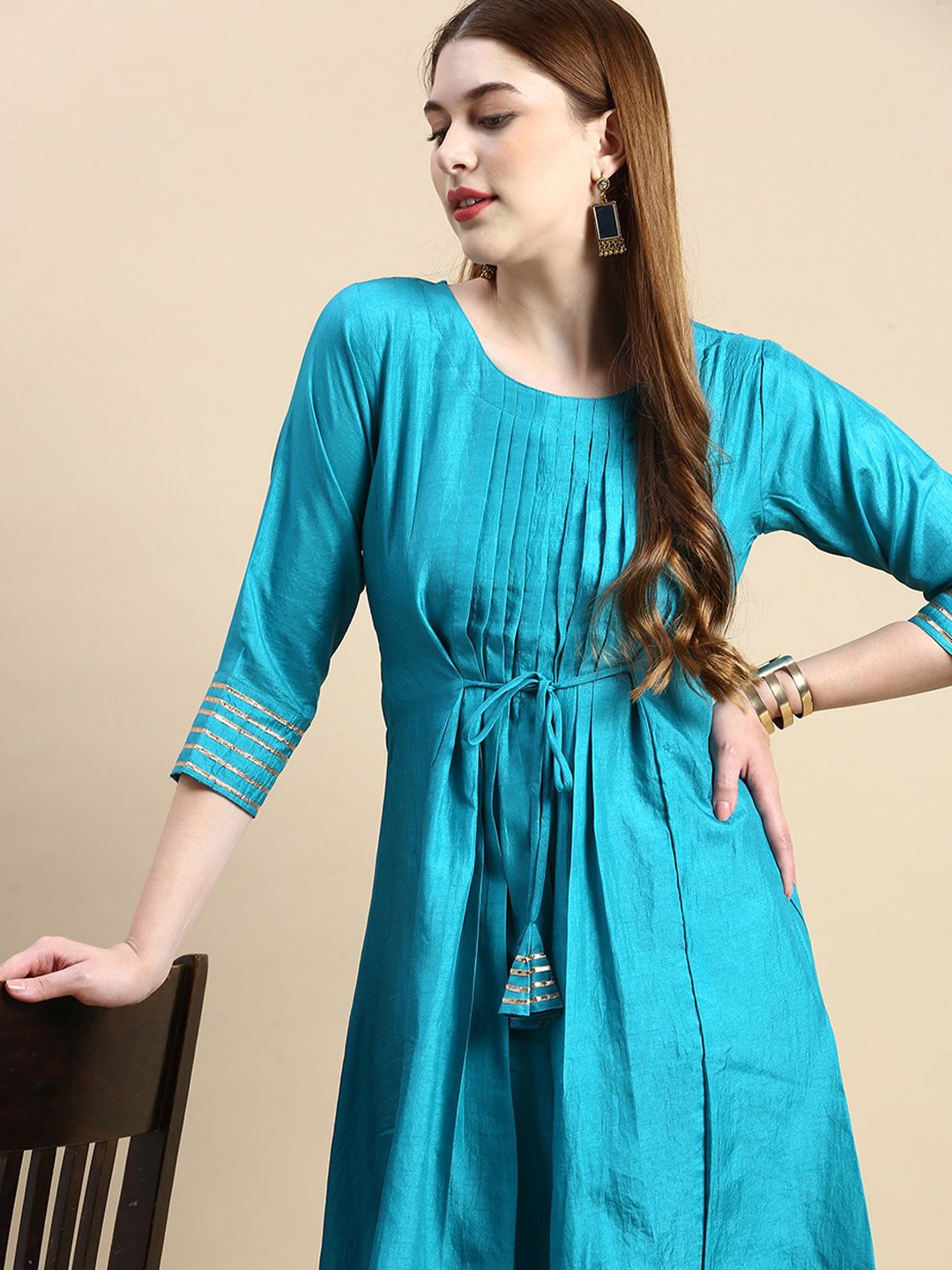

GRANTH FASHION Jacquard A-Line High Low Kurtis, Turquoise blue