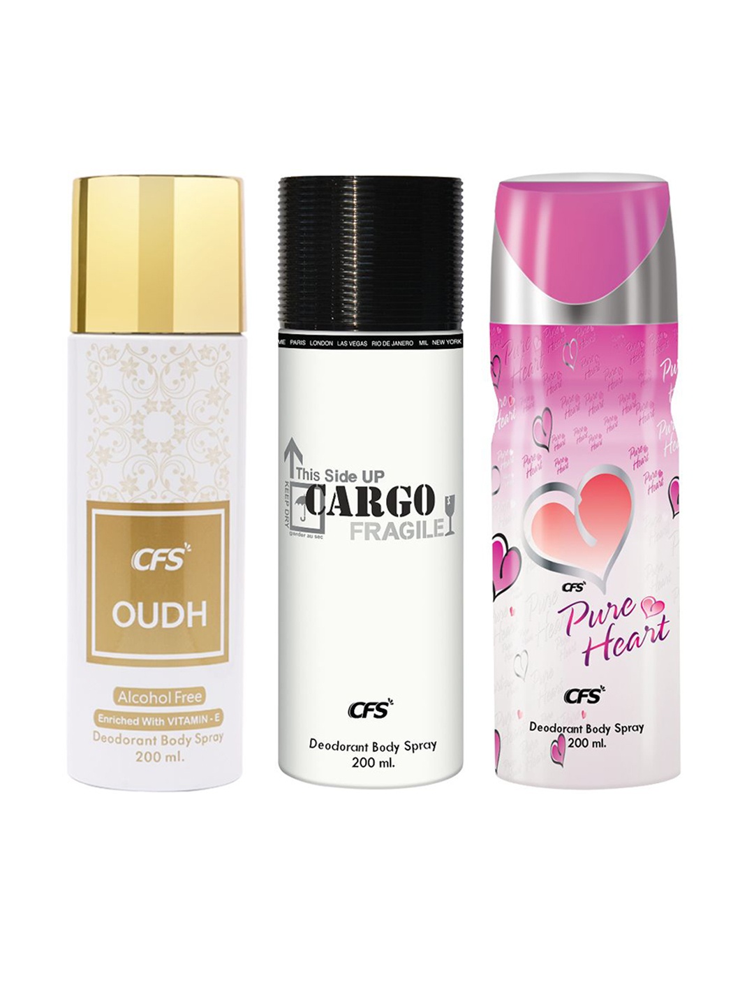 

CFS Set Of 3 Oudh Cargo Fragile & Pure Heart Long Lasting Deodorant Body Sprays 200ml Each, White