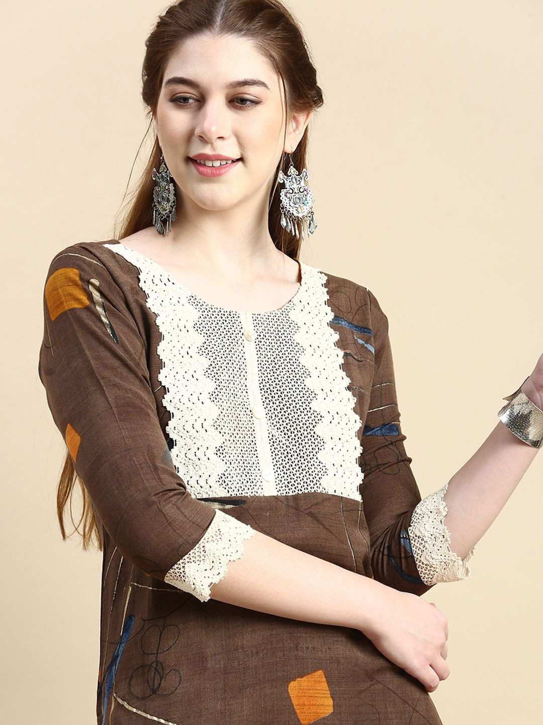 

GRANTH FASHION Printed Straight Kurta, Brown