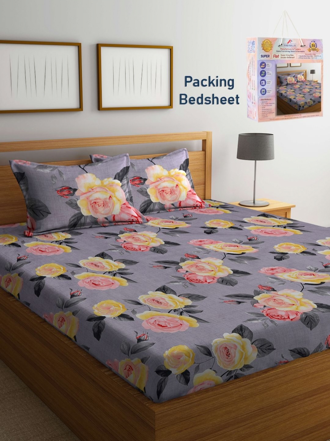 

FABINALIV Violet & Yellow Floral 300 TC King Bedsheet with 2 Pillow Covers