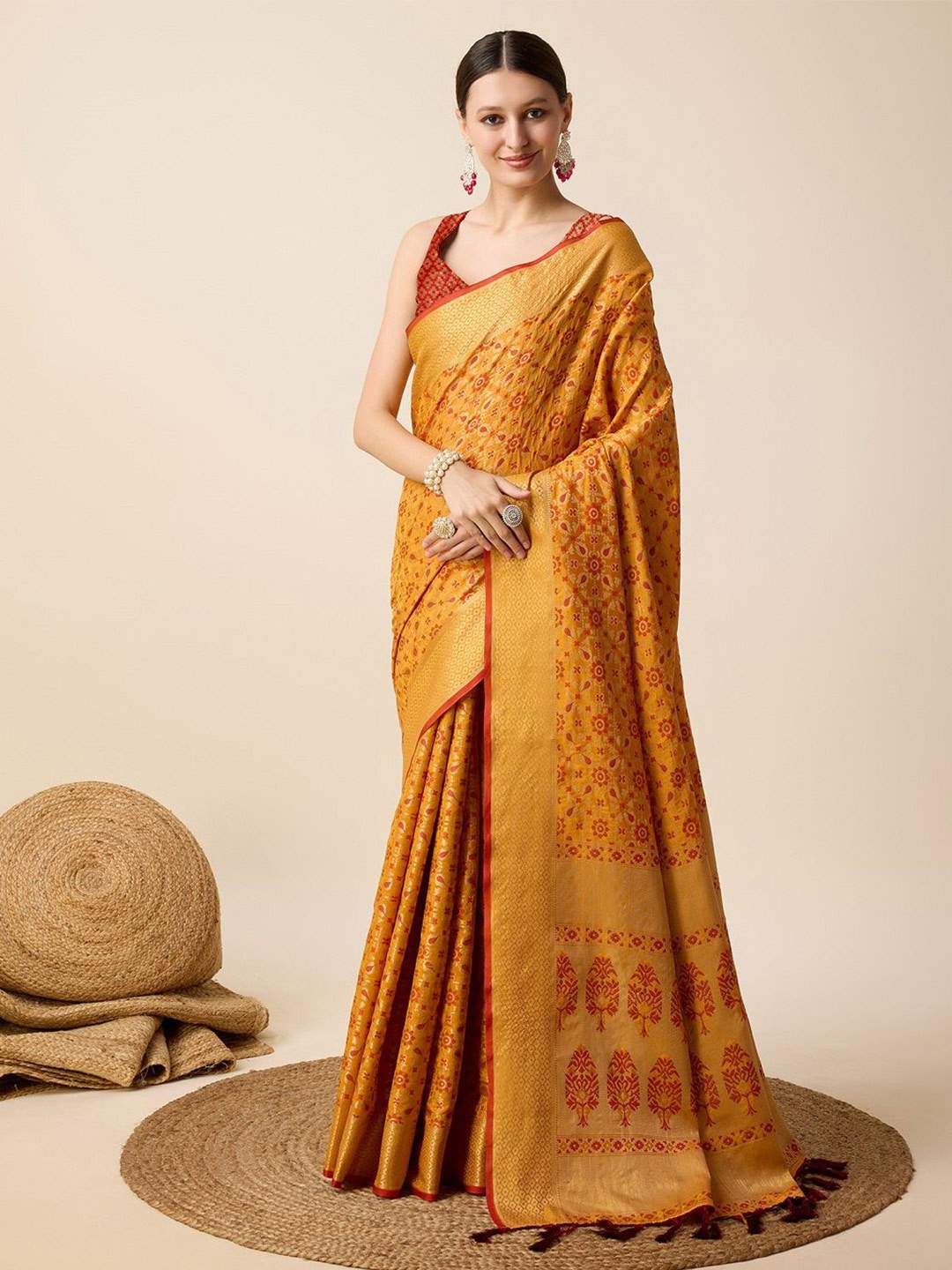 

SHOBHA SAREES Ethnic Motifs Zari Pure Silk Patola Saree, Mustard